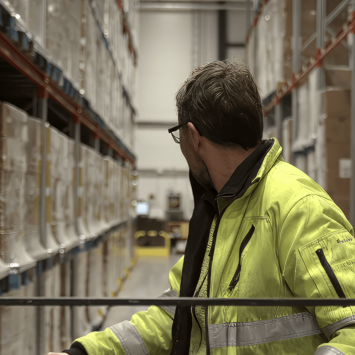 Man som styr truck på lager