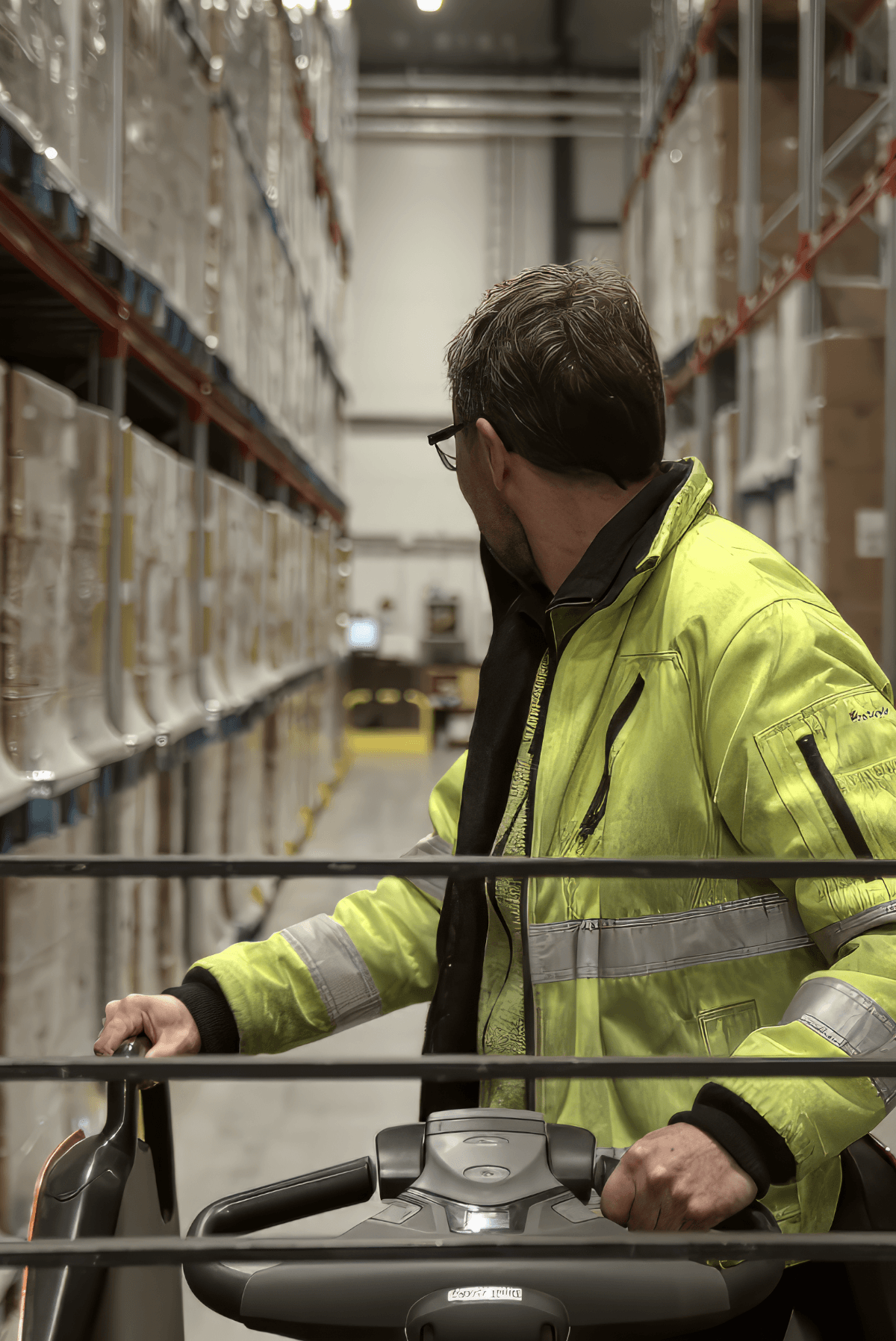 Man som styr truck på lager